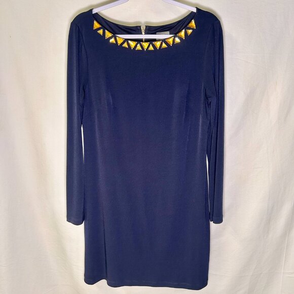 Vince Camuto long-sleeve navy blue shift dress with a jeweled neckline Size 12 - Picture 3 of 9